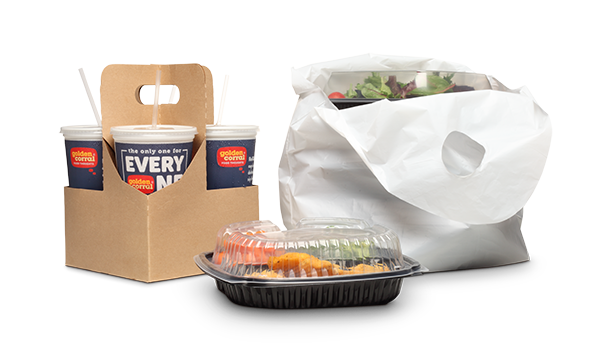 Golden Corral to-go bag, drink carrier, and to-go container